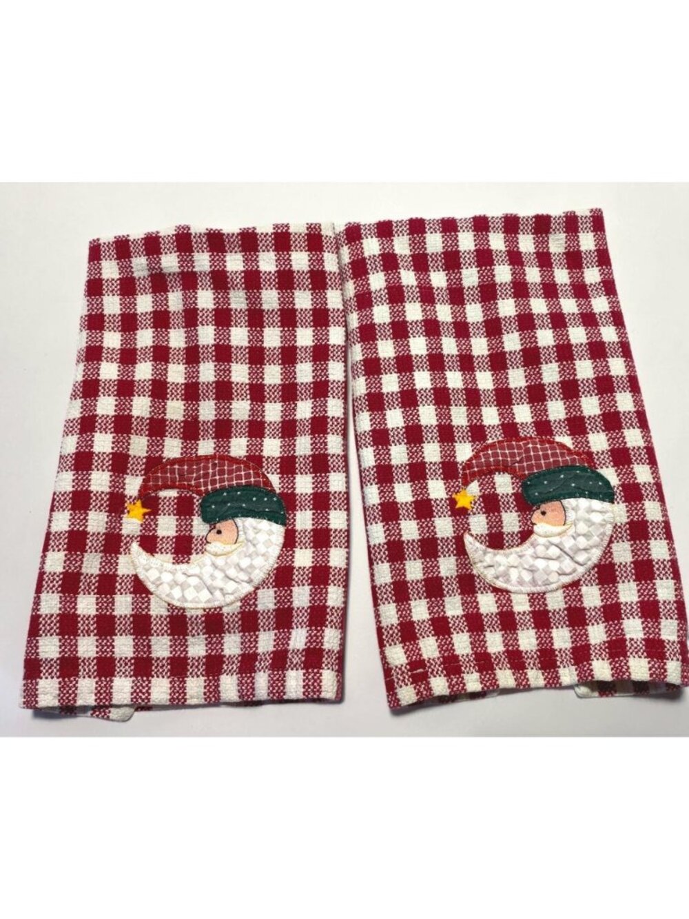 Santa Holiday Checkered Dish Towels Set Red White Moon Face Applique Festive - Picture 2 of 8